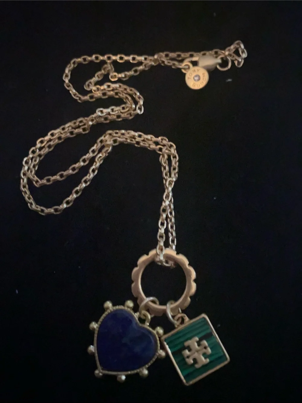 Tory Gold-Tone Necklace with Blue Heart and Green Logo Charms